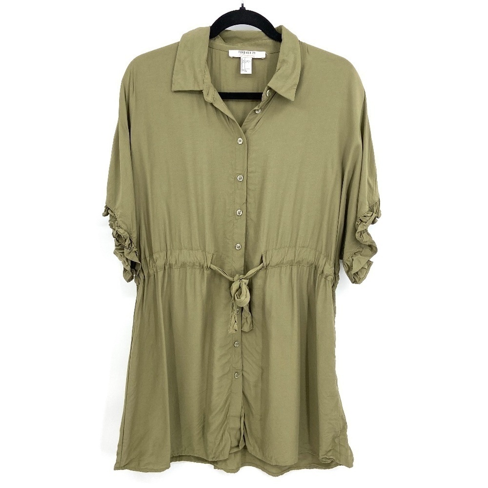FOREVER 21 Contemporary Green Dolman Ruffle Sleeve Button Up Waist Tie Dress